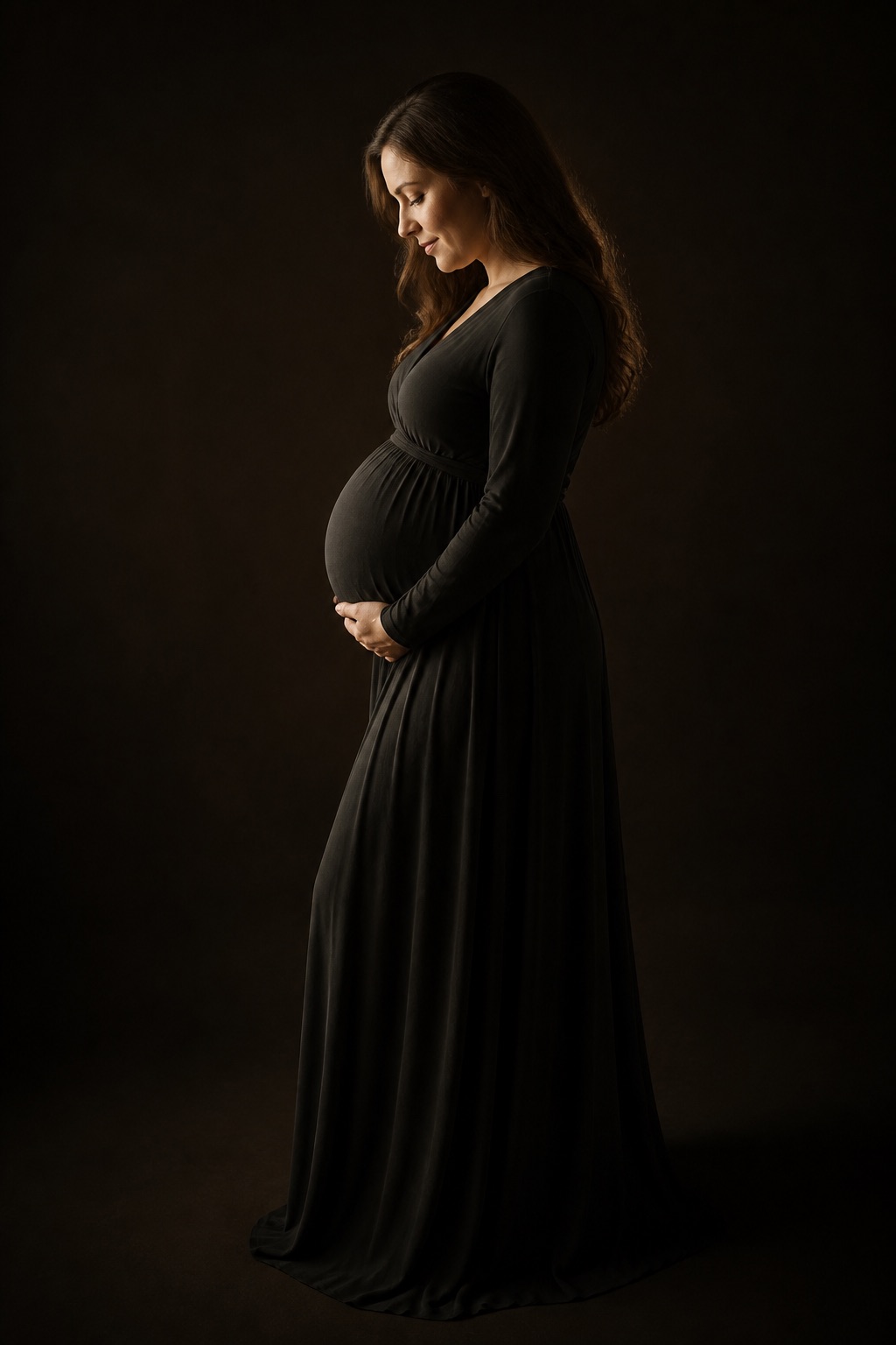 Babybauch-Porträt im Profil, warmes Konturlicht vor dunklem Grund