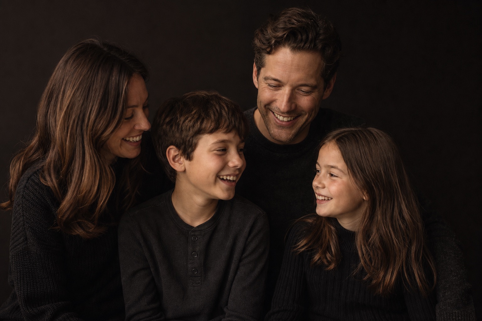 Familie zu viert, lachend, warmes Licht vor dunklem Grund